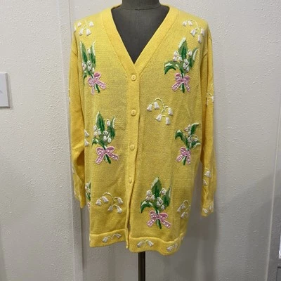 VTG Quacker Factory Embroidered Cardigan Floral Bouquet Bow Novelty Sz 1X Yellow - Image 1 of 4