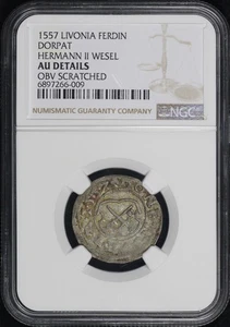 1557 Livonia Dorpat Hermann II Wesel Silver Ferding NGC AU Details Obv Scratched - Picture 1 of 2