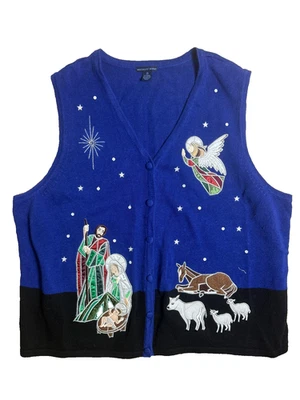 Westbound Woman Blue Silver Nativity Christmas Sweater Vest Sx 2X Ramie Cotton - Image 1 of 4