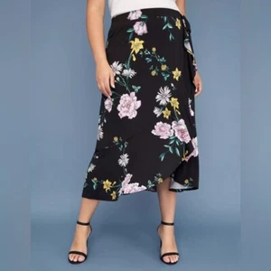 NWT LANE BRYANT BLACK PINK GREEN FLORAL PRINT FAUX WRAP SKIRT PLUS Sz 18/20 - Picture 1 of 6