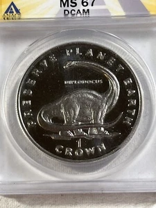 1993 Isle of Man 1 Crown Diplodocus Graded MS 67 DCAM by ANACS - Picture 1 of 4