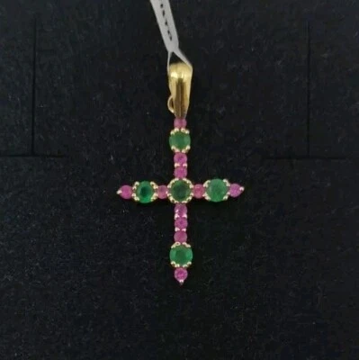 Anhänger Gold 18k 750 Mls. Kreuz Mit Smaragde Und Rubine - Bild 1 von 4