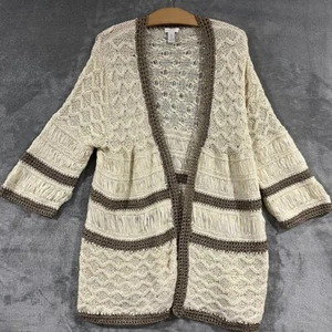 Chico's Strickjacke Pullover gehäkelt gestrickt Langleine offene Vorderseite Elfenbeingold Boho Gr. 3 - Bild 1 von 10