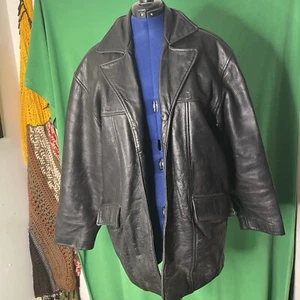 Dino Cellini Leather Coat Mens Large Black Flap Pockets 3/4 Sleeve Button Front - Picture 1 of 6