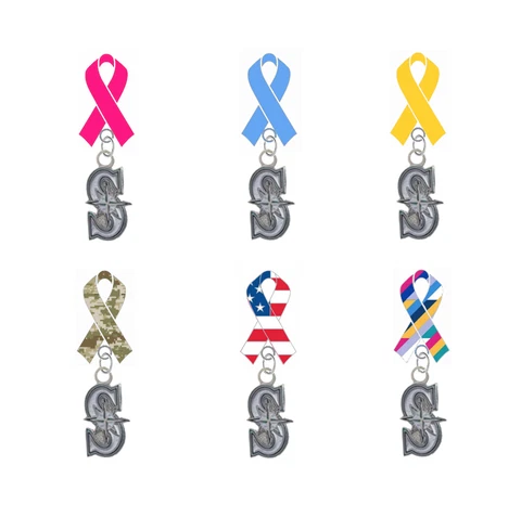 Seattle Mariners Style 2 Ribbon Pin Pink Cancer Blue Yellow Camo USA Crucial Cover
