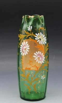 Jarrón francés Legras verde floral esmaltado vidrio acanalado con borde prensado Foto 1 de 4