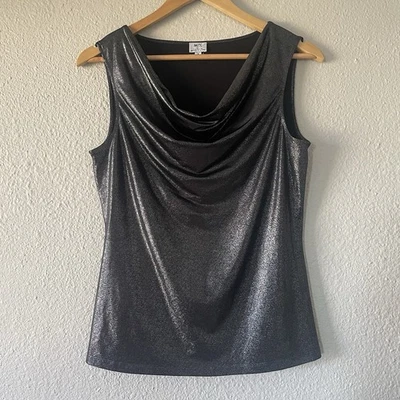 Blusa MIX by Tahari Metálica Líquida Capucha Cuello Mujer M Negra Brillante Sin Mangas Foto 1 de 4