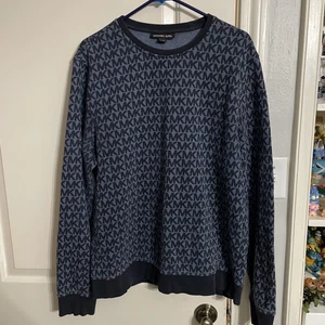 Michael Kors Men’s XL All Over Logo Print Pullover Crewneck NAVY/BLUE Sweatshirt - Picture 1 of 5
