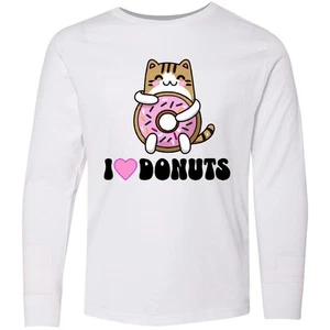 Inktastic Donut Lover I Love Donuts Cat Youth Long Sleeve T-Shirt Dessert Treat - Picture 1 of 3