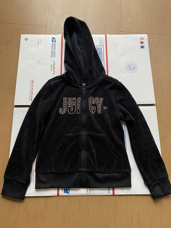 Meninas Black Velour Juicy Couture com zíper e capuz, design de sequência, tamanho 5T - Imagem 1 de 1
