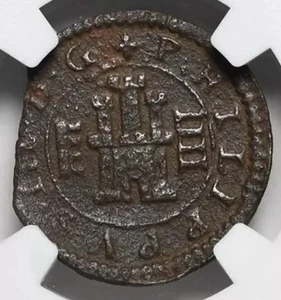 SPAIN 1604 King Philip III, 4M Maravedis Burgos Pirate Coin 1598-1621 AD, NGC XF - Picture 1 of 5
