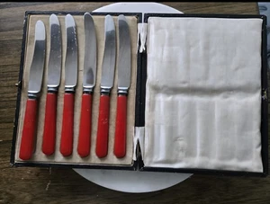 Vintage Red Lucite Handle Knife Set In Box 7" - Picture 1 of 8