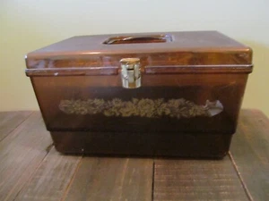 Vtg Sheer Plastic Tote Sewing Storage Box 1 Tray Amber Brown 1960's - Picture 1 of 7