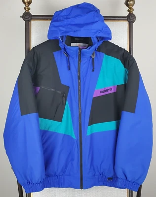 VTG 80s OBERMEYER Mens Size Large  Bomber Jacket Insulated Hooded Full Zip Blue - Image 1 of 4