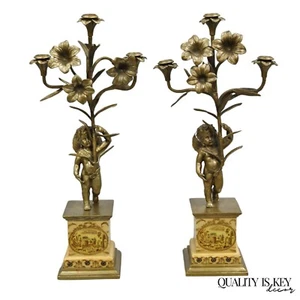 Decorator French Rococo Bronze and Porcelain Cherub Flower Candelabras - Pair - Picture 1 of 12