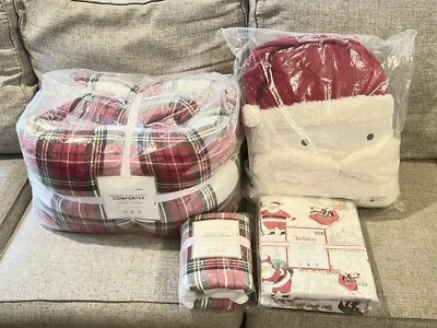 NUEVO Juego de sábanas almohada Pottery Barn Teen Morgan Plaid Sherpa doble edredón falso Santa Foto 1 de 3