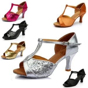Women Latin Ballroom Tango Mid Heel Party Dance Shoes Ankle Strap Thong Sandals - Picture 1 of 13