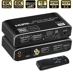 2x1 HDMI 2.0 Switch eARC Audio Extractor 4K 60Hz HDMI to Toslink Coax 5.1 7.1CH - Picture 1 of 12