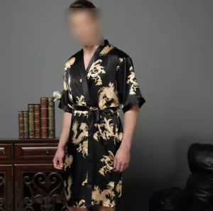 Herren Drache Satin Seide Nachtwäsche kurzärmelig japanischer Kimono Nachtwäsche Bademäntel - Bild 1 von 11