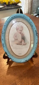 Darling Antique Oval Baby Print Picture Titled “Dessert” Aqua Blue Metal Frame - Picture 1 of 5