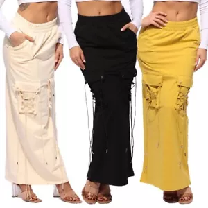 Women's Lace-Up Cargo Maxi Skirt with Pockets Streetwear Style - Picture 1 of 13