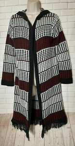 Brittany Black Women Medium Open Long Knit Hoodie Check Striped Sweater Cardigan - Picture 1 of 12