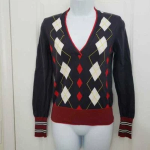 United Colors Of Benetton Damen Pullover Pulli Blau Rot V-Ausschnitt Argyle S - Bild 1 von 7