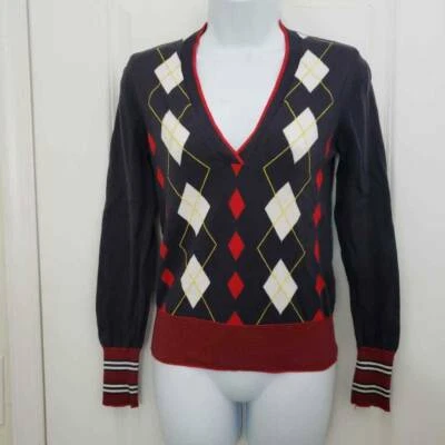 United Colors Of Benetton Womens Pullover Sweater Blue Red V Neck Argyle S - Image 1 of 4