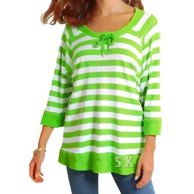 Top tejido gofre a rayas verdes activas Ralph Lauren corbata cordón escote 1X-3X Foto 1 de 4