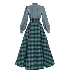 Victorian Dress Costume Women Christmas Plaid Dress Blue Edwardian Blouse wit... - Picture 1 of 9
