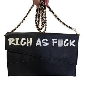 Rich as F Black Clutch Bag with Chain Faux Leather 13 x 8.5 in - Picture 1 of 5