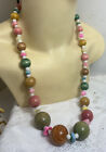 vtg round wood stone bead 24"necklace 1960s Japan Tropical Pink green beachy