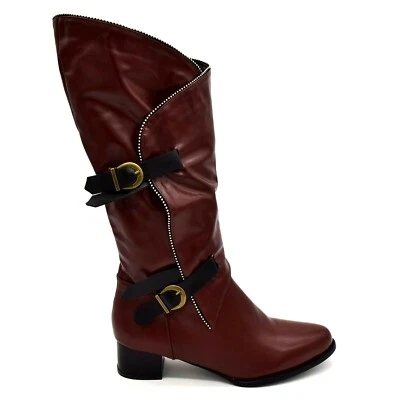 Womens Faux Leather Knee High Boots Size EUR 41 Brown Half Zip Buckle Studs NEW - Image 1 of 4