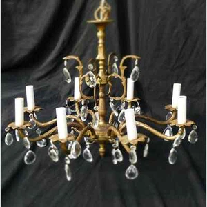 VTG Brass Bronze Crystal Chandelier Spanish French 8-Arm Hollywood Regency Glam - Picture 1 of 20