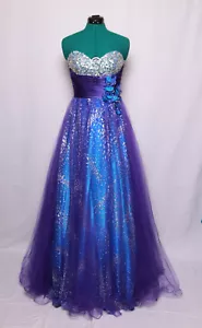 JOVANI PURPLE BLUE SILVER GLITTER FULL TULLE STRAPLESS PROM FORMAL GOWN DRESS 6 - Picture 1 of 3