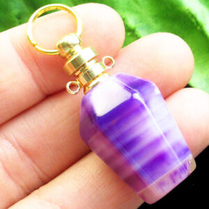 Purple Stripes Onyx Agate Charm Essential Oil Diffuser Bottle Pendant F02859