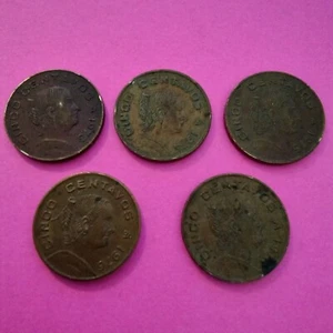 1973, 1974, 1975, 1976 Mexican 5 Centavos small type Set of 5 Coins - Picture 1 of 2