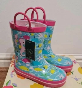 Laura Ashley Wellies Girls Seahorse Pink Blue Rain Boots Infant Size 9 New  - Picture 1 of 9