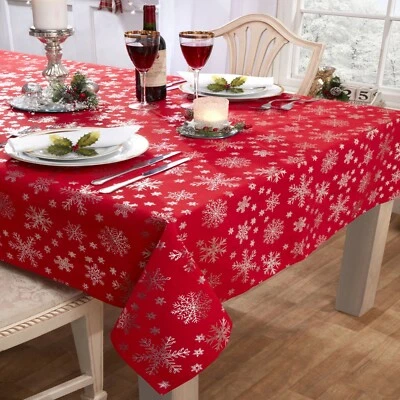 QPC DIRECT Red Snowflake Christmas Festive Modern Fabric Material Tablecloth Table Cloth