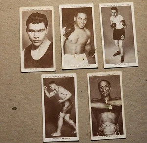 (5) 1938 CHURCHMAN'S CIGARETTES BOXING PERSONALITIES CARDS CARNERA SCHMELING VG - Foto 1 di 2