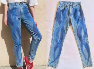 Jeans azules pintados a mano vintage de los años 90 tiro alto algodón Pepe denim talla 30" cintura Foto 1 de 4