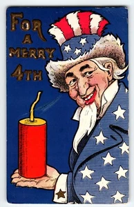 4th Of July Postcard Uncle Sam Giant Firecracker Ullman 122 Embossed Merry 1909 - Picture 1 of 4