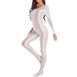 Women's Semi-Sheer Oil Shiny Glossy Jumpsuit Full Bodystocking Bodysuit Catsuit - Picture 1 of 17