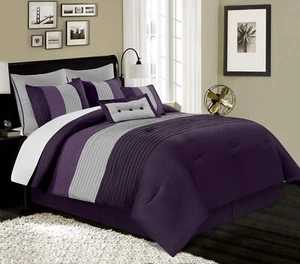 Chezmoi Collection Loft 8-Piece Luxury Striped Comforter Set (King, Purple/Gr... - Picture 1 of 7