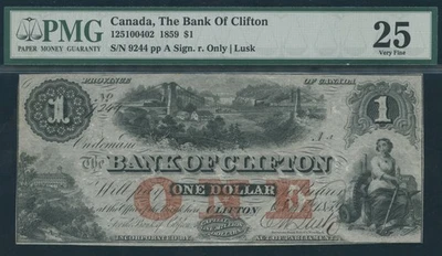 Bank of Clifton $1, 1859 - CH 125-10-04-02. PMG muy fino 25. S/N:9244/A. Foto 1 de 2