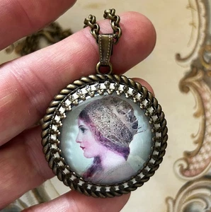 Vintage Art Medieval Woman  Necklace Glass Dome Artisan Layered Filigree OOAK - Picture 1 of 4