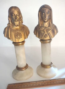2 bustos de latón Sagrado Corazón de Jesús y María bases de ónix iconos de iglesia católica - Imagen 1 de 6