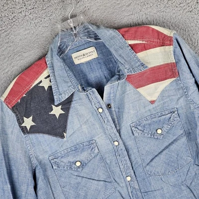Denim & Supply Ralph Lauren Shirt Women's Blue Denim American Flag Pearl Snap - Image 1 of 4