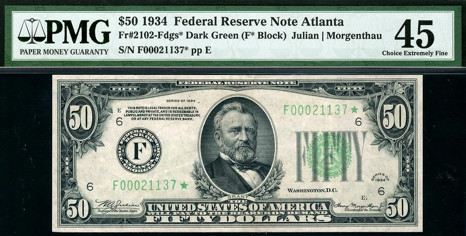 1934* $50 Atlanta STAR Federal Reserve Note FRN • PMG 45 • 2102-F* Very Scarce - Image 1 of 2