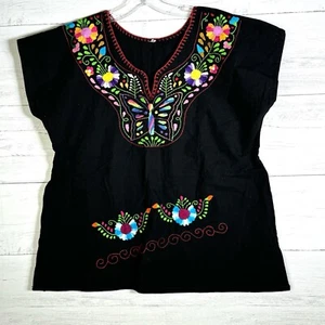 VTG OAXACAN Black Embroidered Butterfly Floral Mexican Peasant Tunic Top Sz M - Picture 1 of 5